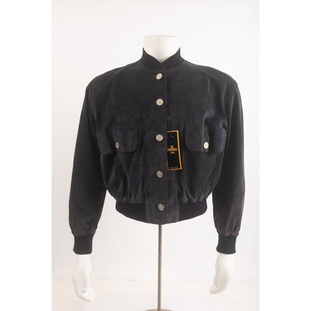 Vintage Fendi Suede Bomber Jacket Moto Leather SZ 42 Medium Navy Blue Logo NWT